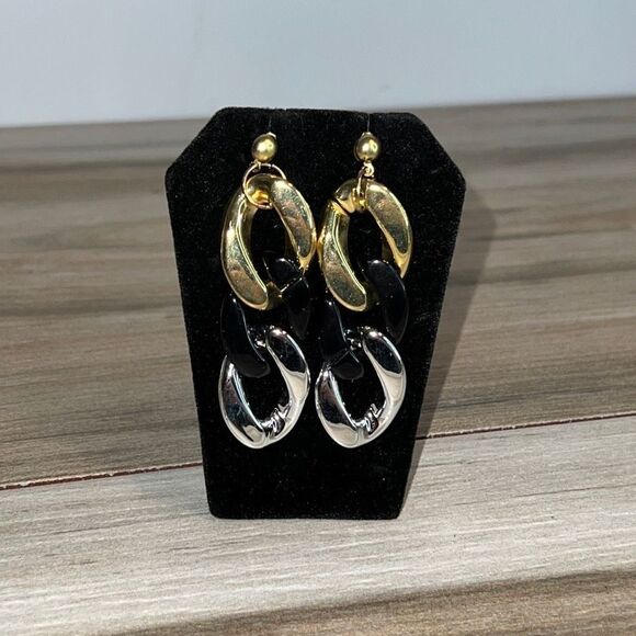 Tri ￼ Colored Long Chunky Chain Earrings Gold Tone Silver Tone & Black NWT - Picture 6 of 6